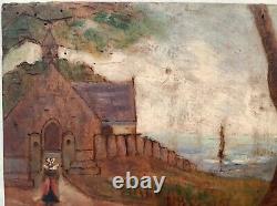 1920's FRENCH NABI Lively Breton Chapel by the Sea Oil on Wood