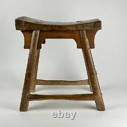 19th Century Chinese Stool With Skirt Design From Heavy Elm Wood, Hand Hewn