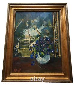 19th Century French Impressionism Bouquet Flowers Wading Birds Wood panel