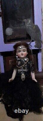 Antique 5 Inch German Bisque Jointed Fortune Teller Doll & Wood House