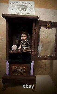 Antique 5 Inch German Bisque Jointed Fortune Teller Doll & Wood House