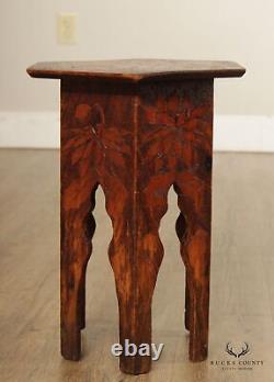 Antique Arts & Crafts Floral Pyrography Taboret Side Table