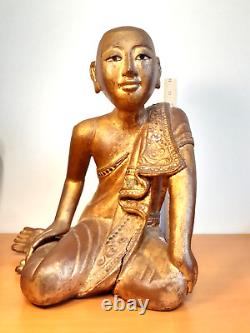 Antique Burmese Monk Wood Statue from Burma 19th or Early 20th Century