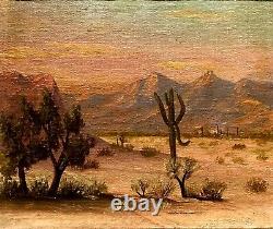 Antique Californian Oil Painting Mojave Desert Sunset Saguaro Cactus Frame