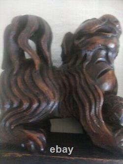 Antique Chinese Early 19th Century Pair Carved Wood Dogs Of Fo Foo Guardian Dogs
