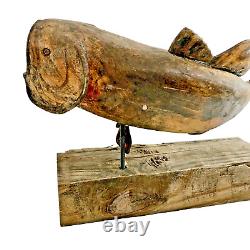 Antique Hand Carved Wood Fish Bass Folk Art Sculpture Figurine Primitive 12.5