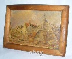 Antique Oil Painting Canvas World War Bombardment City Wood Frame Rare Old 20th