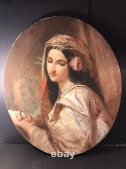 Antique Painting Gouache Of A Lady/3 Feet/Oval Wood Gilt Frame/Early 19 Century