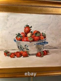 Antique Painting Oil Cardboard Still Life With Strawberries Frame Wood Rare 20th