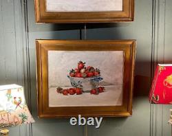 Antique Painting Oil Cardboard Still Life With Strawberries Frame Wood Rare 20th