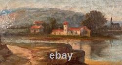 Antique Painting Oil On Canvas Lake Village Landscape Wood Frame Rare Old 19th
