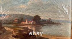 Antique Painting Oil On Canvas Lake Village Landscape Wood Frame Rare Old 19th