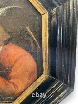 Antique Painting Oil On Canvas Pipe Smoker Wood Frame Man Hexagonal Rare Old 18c