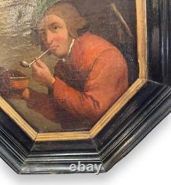 Antique Painting Oil On Canvas Pipe Smoker Wood Frame Man Hexagonal Rare Old 18c