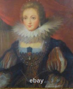 Antique Painting Portrait Queen Of France Anne Austria Pastel Wood Frame Rare 19