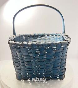 Antique Primitive American 19th Century Splint Basket Original Blue Paint