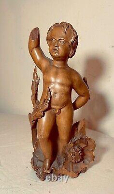 Antique early 1800's hand caved apple wood cherub nude putti statue sculpture