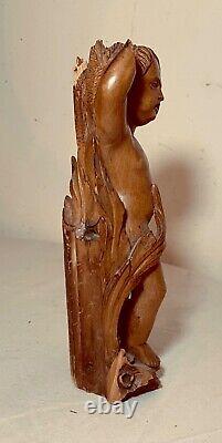 Antique early 1800's hand caved apple wood cherub nude putti statue sculpture