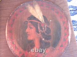 Art Nouveau wooden pyrography plaque-Indian maiden-Flemish Art Co, NY