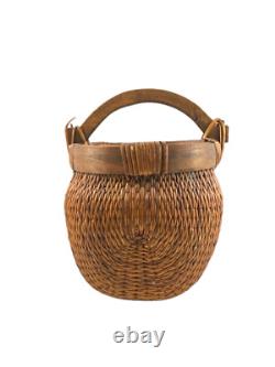 Early 19th Century Large Chinese Woven Willow Basket Single Handle Wood Wicker