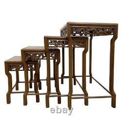 Early 20th Century Chinese Carved Teak Wood Nesting Tables Set of 4