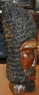 Early 20th Century Folk Art Hand-Carved Male Bust in Wood With Primitive Crude F