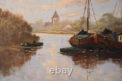 Early 20th Century Oil On Wood Moored Boats