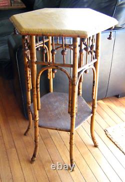 Early 20th Century Victorian 2 Tier Tiger Bamboo & Rattan Table Stick and Ball