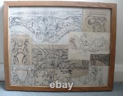 Early 20th century wood carving drawings by H. Ambler, mounted in frame