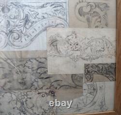 Early 20th century wood carving drawings by H. Ambler, mounted in frame