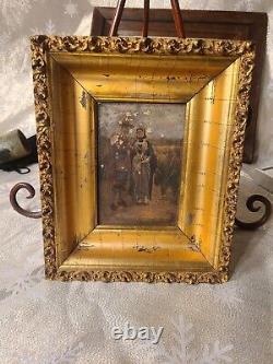 Early Miniature 18th/19th Century Oil on Board Puritan Couple out for a Stroll