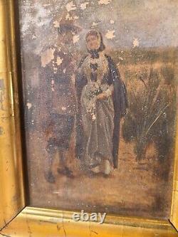 Early Miniature 18th/19th Century Oil on Board Puritan Couple out for a Stroll