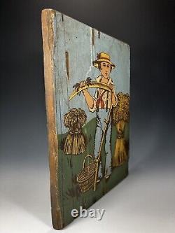 Fine Americana Folk Art Primitives Pennsylvania Farmer Boy Painting on Wood