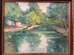 French Impressionism Oil Riverside Landscape along the River Antique Painting