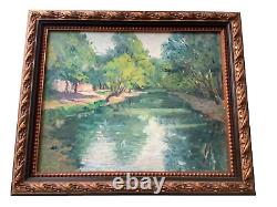 French Impressionism Oil Riverside Landscape along the River Antique Painting