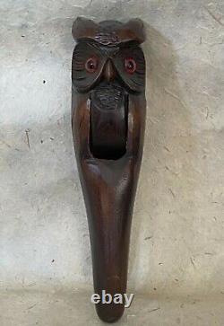 OWL NUTCRACKER with Paperweight Eyes Antique Wooden Black Forest Swiss early 20thC
