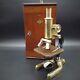 Old Unique Brass Microscope With Original Mahogany Wood Box Early 20th Century