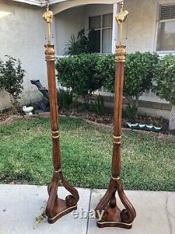 Pair Of Vintage Wooden Walnut Carved Golden Gilts Italian/ French Floor Lamp