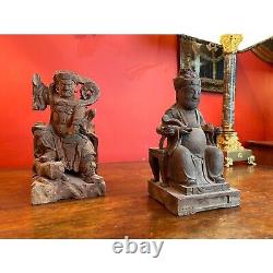 Pair of Late 19th/ Early 20th Century Temple Hand Carved Wood Immortal Statues
