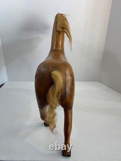 Primitive Folk Art Carved Oak Dowel Pinned Toy Stallion withHorse Hair Mane EUC