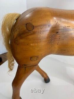 Primitive Folk Art Carved Oak Dowel Pinned Toy Stallion withHorse Hair Mane EUC