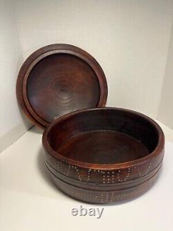 RARE Early 20th Century Tibetan Buddhist Wooden Box Copper Inlay 12 diameter