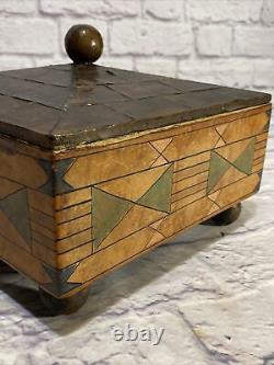 Rare Early 20th Century Wooden Trinket Box Copper Covered Lid Painted Leather