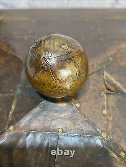 Rare Early 20th Century Wooden Trinket Box Copper Covered Lid Painted Leather