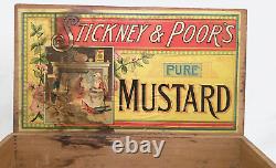 STICKNEY & POOR'S MUSTARD EARLY 20TH C ANTIQUE INK STMPD WOOD BOX With2 PAPER LBLS