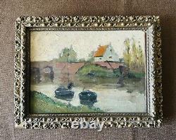 Signed European Impressionist Village River Landscape Painting Circa 1900