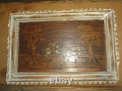 South German Marquetry on Wood Panel Hunting Late 18th Early 19th Framed 24 x 16