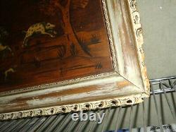 South German Marquetry on Wood Panel Hunting Late 18th Early 19th Framed 24 x 16