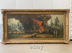 Unusual Antique Old Plein Air Forest Fire Tree Landscape Oil Painting, 1910s