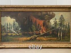 Unusual Antique Old Plein Air Forest Fire Tree Landscape Oil Painting, 1910s